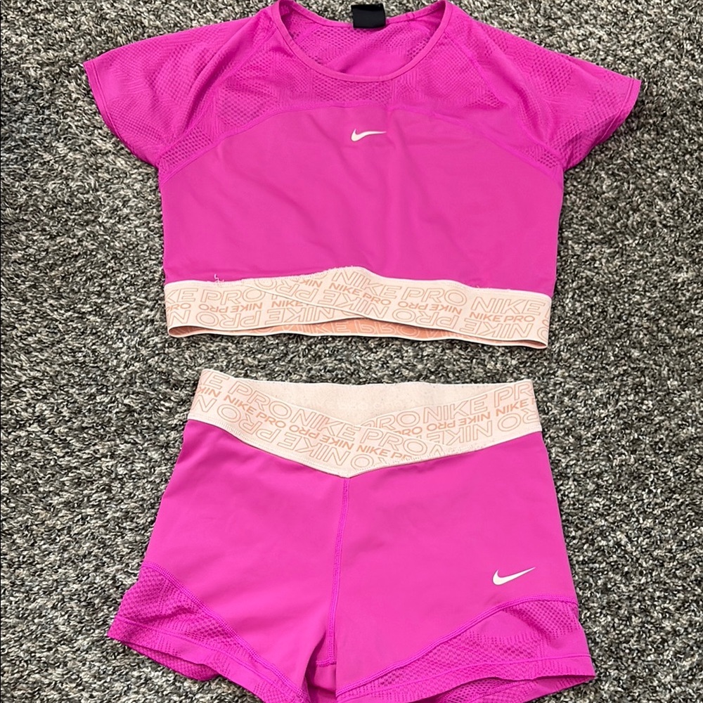 Nike Pink Athletic Crop Top and Shorts Set